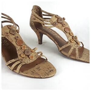 NEW YORK TRANSIT Strappy Cork Beaded Heels Size 7.5 Retro Vintage Cork Sandals
